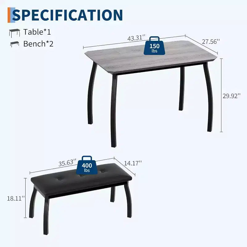 Versatile 44 Extendable Table Set, 3-Piece Convertible Kitchen/Dining Room Furniture, Compact Design for Small Spaces, Easy to Assemble
