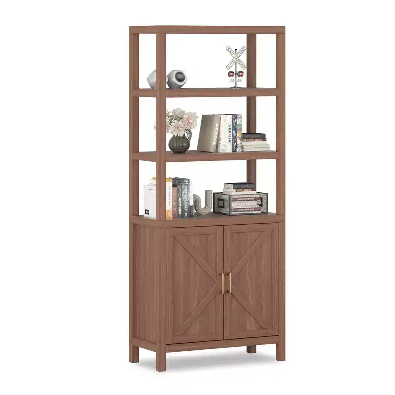 71 Inch Tall Bookshelf, 5-Tier Farmhouse Wood Bookcase, X-Patterned Door Cabinet, Freestanding Book Case with Adjustable Shelf, Oak