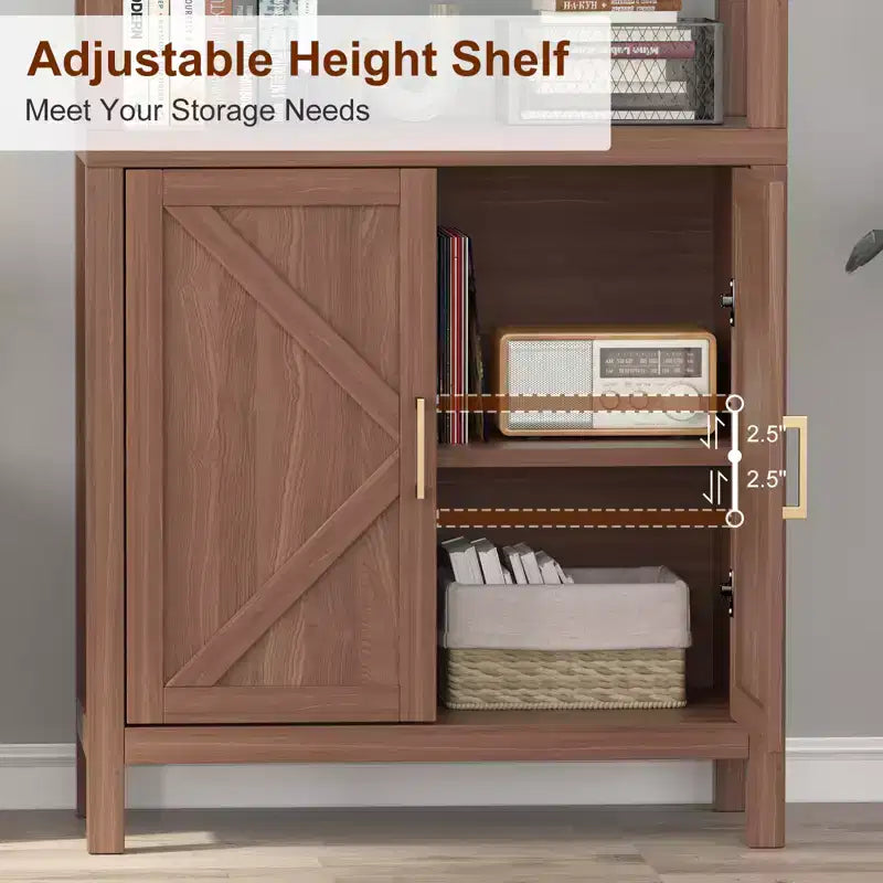 71 Inch Tall Bookshelf, 5-Tier Farmhouse Wood Bookcase, X-Patterned Door Cabinet, Freestanding Book Case with Adjustable Shelf, Oak