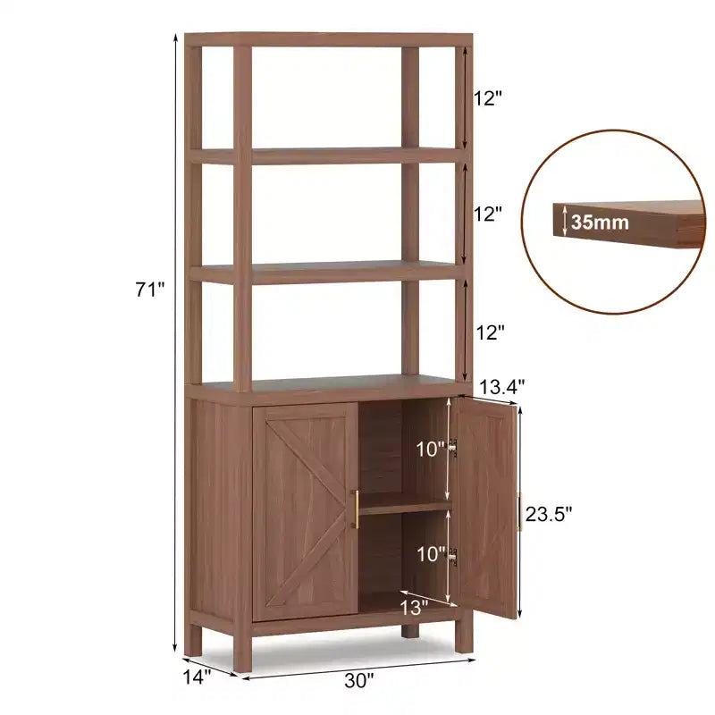 71 Inch Tall Bookshelf, 5-Tier Farmhouse Wood Bookcase, X-Patterned Door Cabinet, Freestanding Book Case with Adjustable Shelf, Oak
