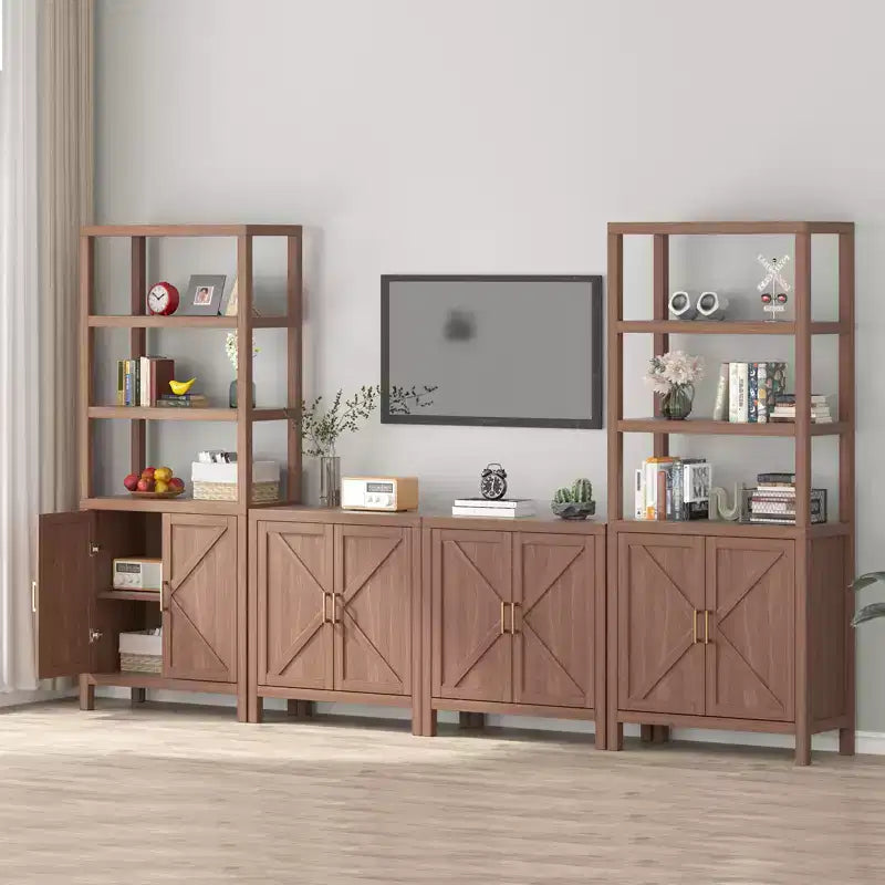 71 Inch Tall Bookshelf, 5-Tier Farmhouse Wood Bookcase, X-Patterned Door Cabinet, Freestanding Book Case with Adjustable Shelf, Oak