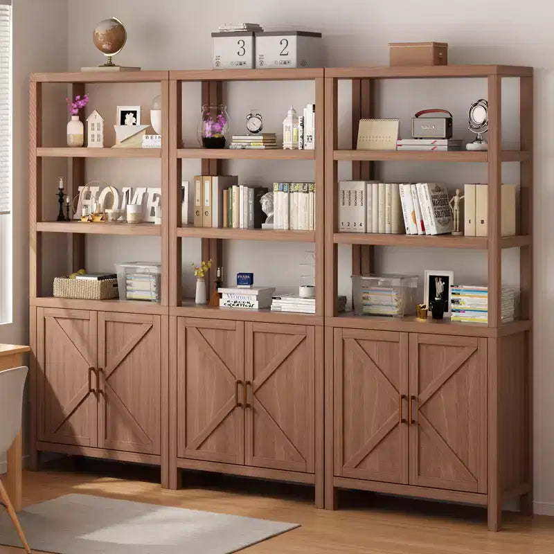 71 Inch Tall Bookshelf, 5-Tier Farmhouse Wood Bookcase, X-Patterned Door Cabinet, Freestanding Book Case with Adjustable Shelf, Oak