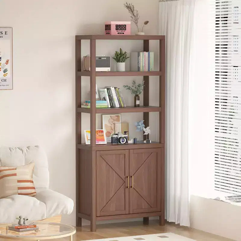 71 Inch Tall Bookshelf, 5-Tier Farmhouse Wood Bookcase, X-Patterned Door Cabinet, Freestanding Book Case with Adjustable Shelf, Oak