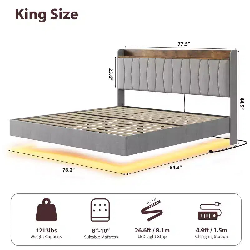 Garvee Floating Upholstered Bed Frame , Charging Station, Storage Headboard, Easy to Assemble