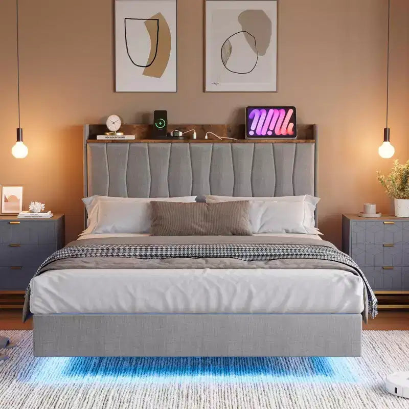 Garvee Floating Upholstered Bed Frame , Charging Station, Storage Headboard, Easy to Assemble
