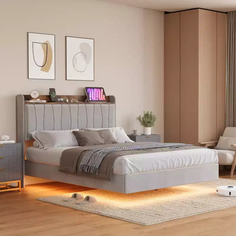 Garvee Floating Upholstered Bed Frame , Charging Station, Storage Headboard, Easy to Assemble