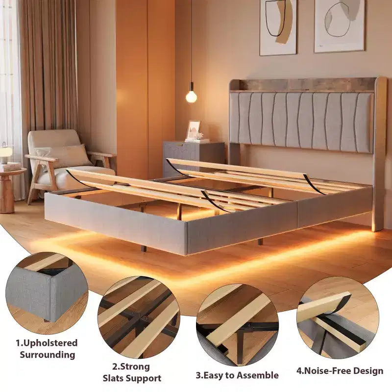 Garvee Floating Upholstered Bed Frame , Charging Station, Storage Headboard, Easy to Assemble