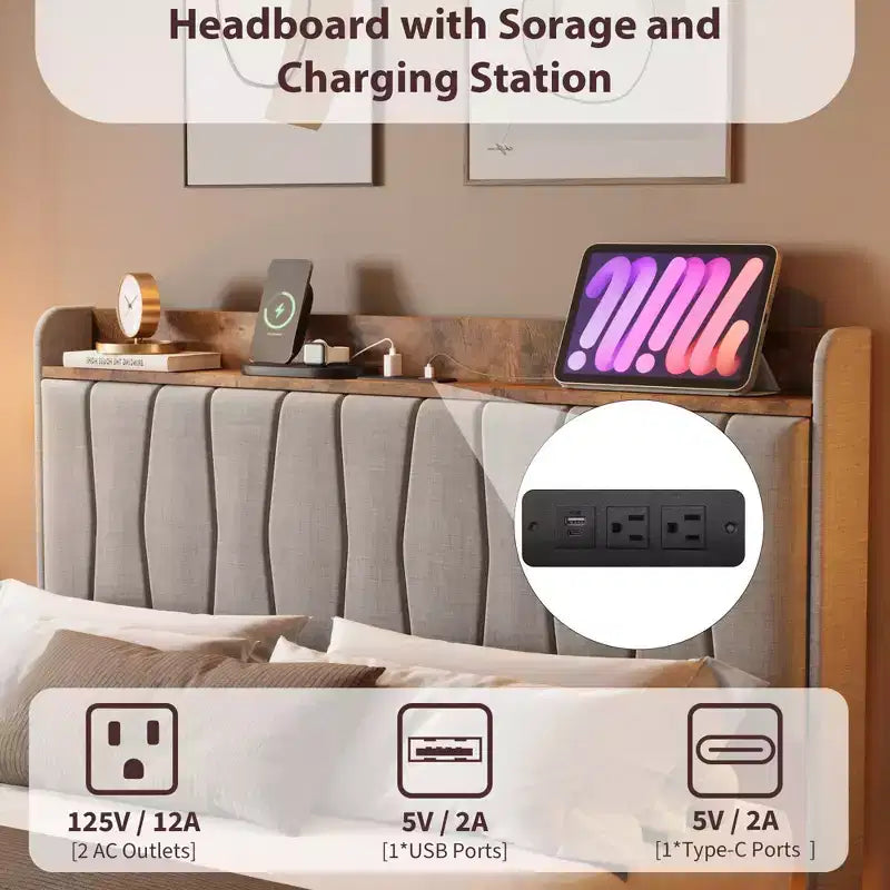 Garvee Floating Upholstered Bed Frame , Charging Station, Storage Headboard, Easy to Assemble