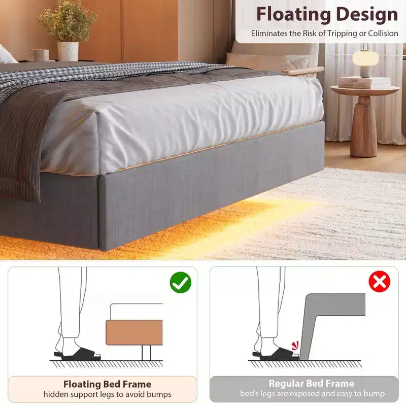 Garvee Floating Upholstered Bed Frame , Charging Station, Storage Headboard, Easy to Assemble