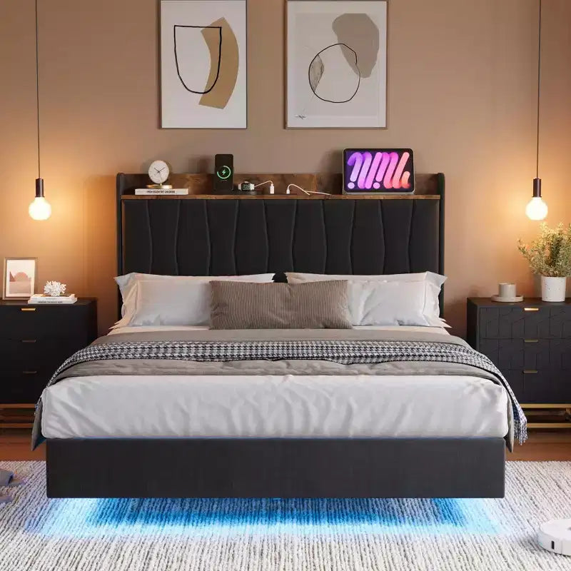 Garvee Floating Upholstered Bed Frame , Charging Station, Storage Headboard, Easy to Assemble