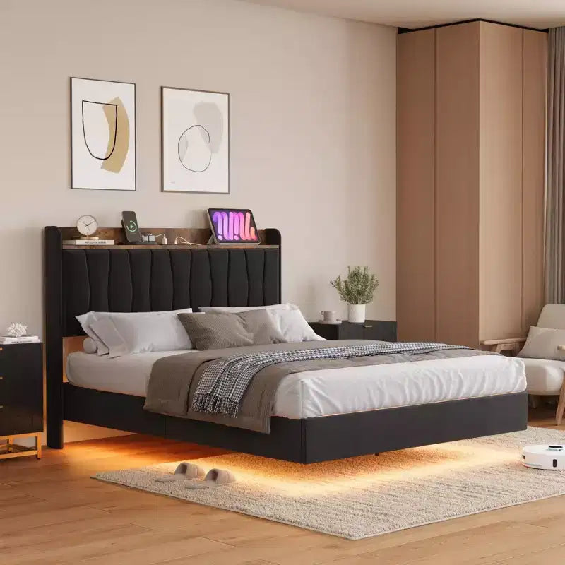 Garvee Floating Upholstered Bed Frame , Charging Station, Storage Headboard, Easy to Assemble
