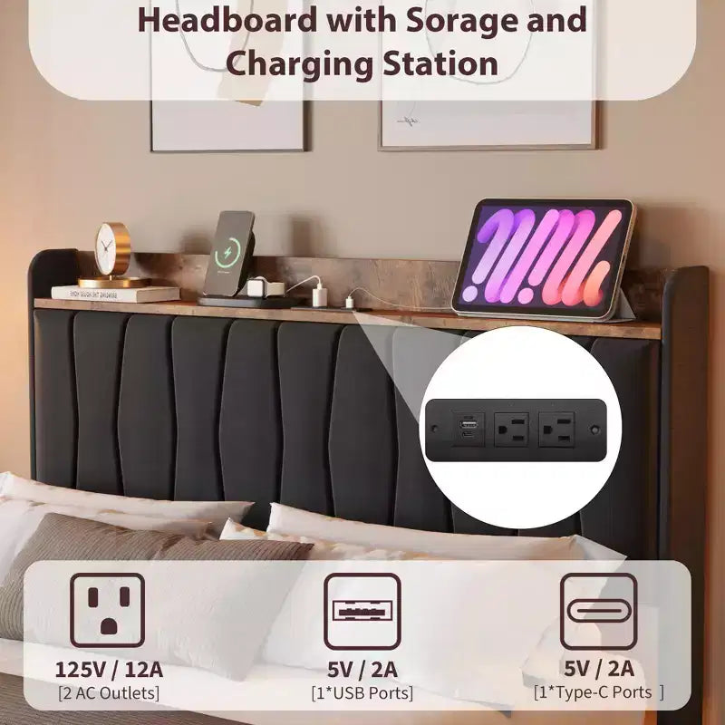 Garvee Floating Upholstered Bed Frame , Charging Station, Storage Headboard, Easy to Assemble