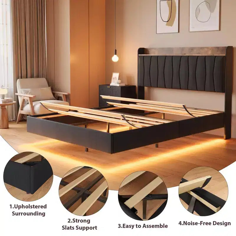 Garvee Floating Upholstered Bed Frame , Charging Station, Storage Headboard, Easy to Assemble