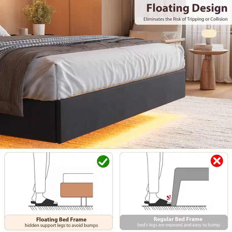Garvee Floating Upholstered Bed Frame , Charging Station, Storage Headboard, Easy to Assemble