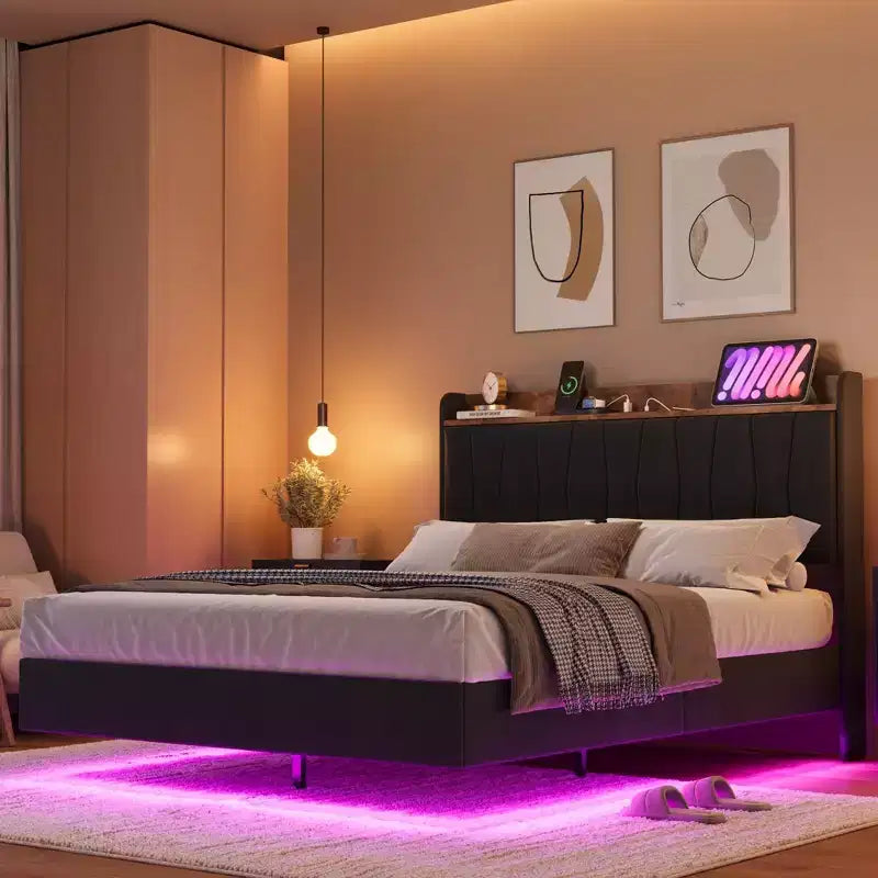 Garvee Floating Upholstered Bed Frame , Charging Station, Storage Headboard, Easy to Assemble