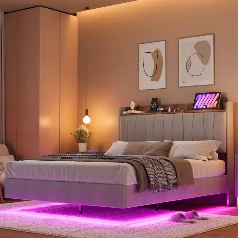 Garvee Floating Upholstered Bed Frame , Charging Station, Storage Headboard, Easy to Assemble