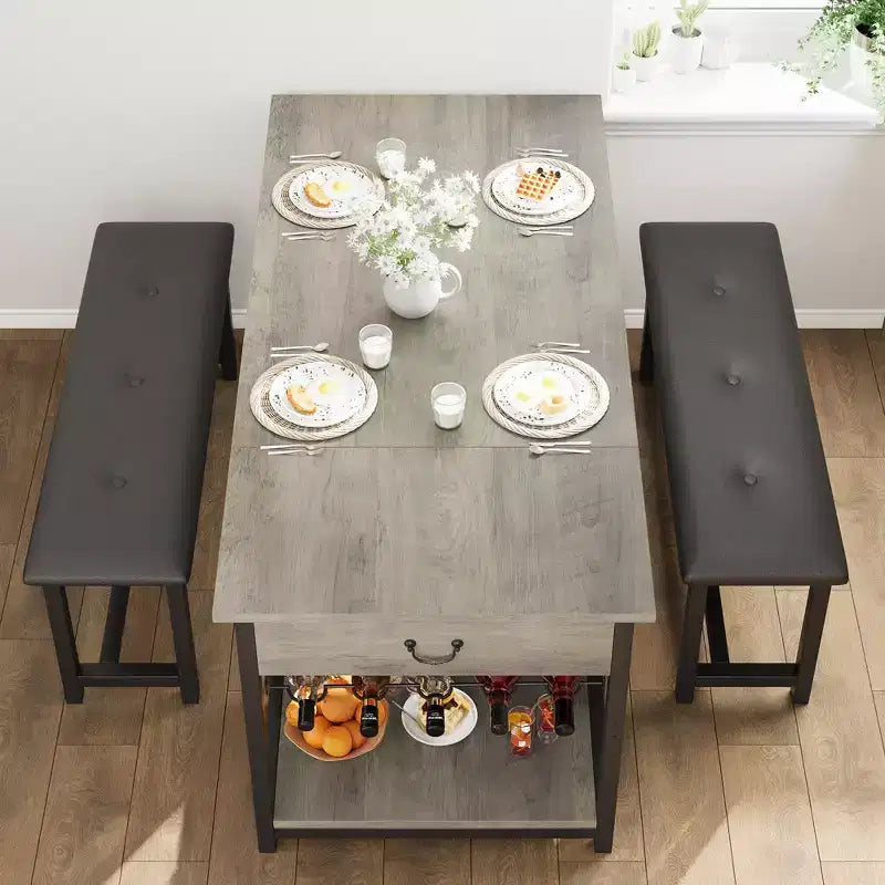 Dining Table Set for 4, Kitchen Dining Table Set with Upholstered Benches, Kitchen Dining Room Table for Small Space
