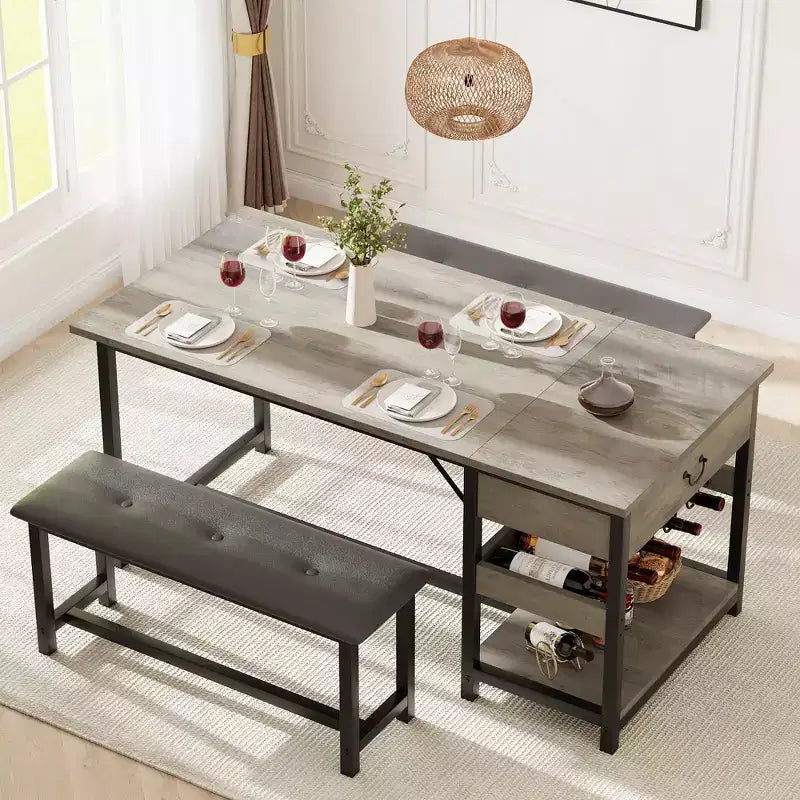 Dining Table Set for 4, Kitchen Dining Table Set with Upholstered Benches, Kitchen Dining Room Table for Small Space