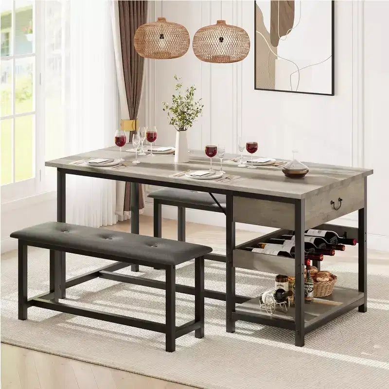 Dining Table Set for 4, Kitchen Dining Table Set with Upholstered Benches, Kitchen Dining Room Table for Small Space