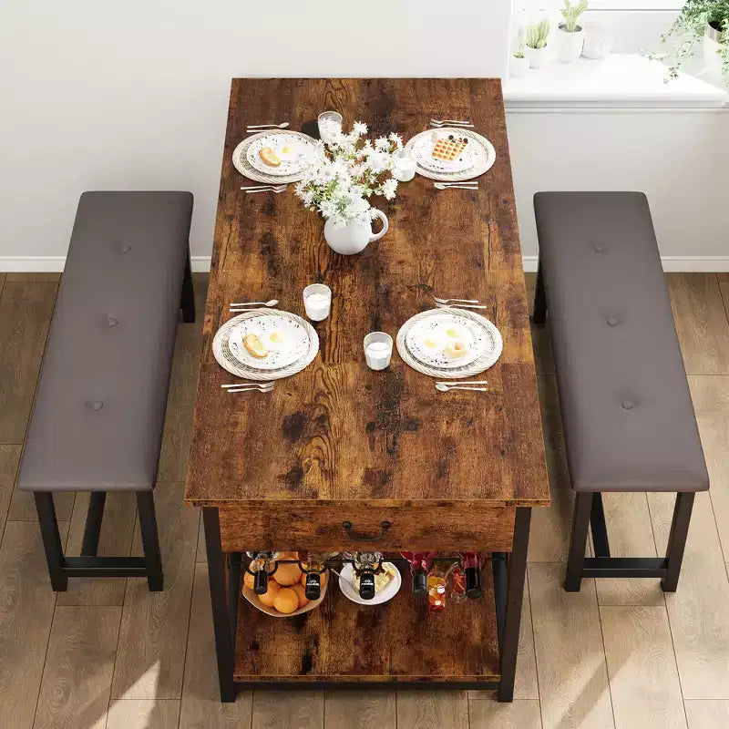 Dining Table Set for 4, Kitchen Dining Table Set with Upholstered Benches, Kitchen Dining Room Table for Small Space