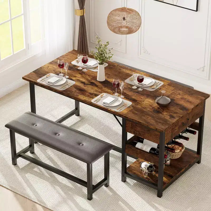 Dining Table Set for 4, Kitchen Dining Table Set with Upholstered Benches, Kitchen Dining Room Table for Small Space