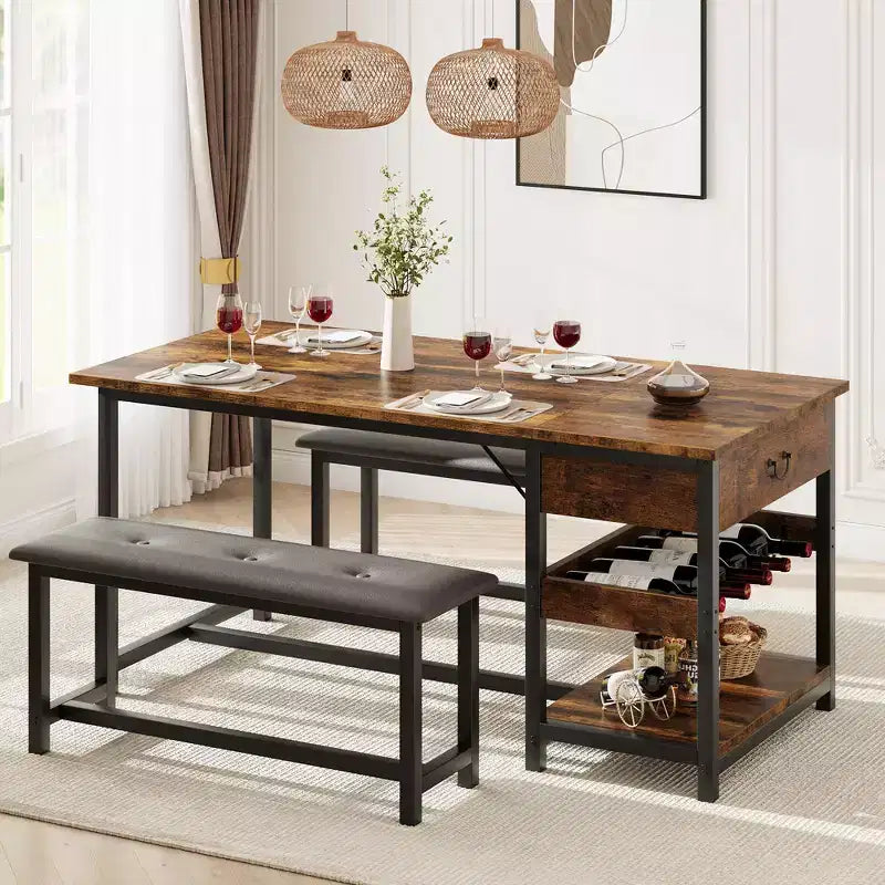 Dining Table Set for 4, Kitchen Dining Table Set with Upholstered Benches, Kitchen Dining Room Table for Small Space