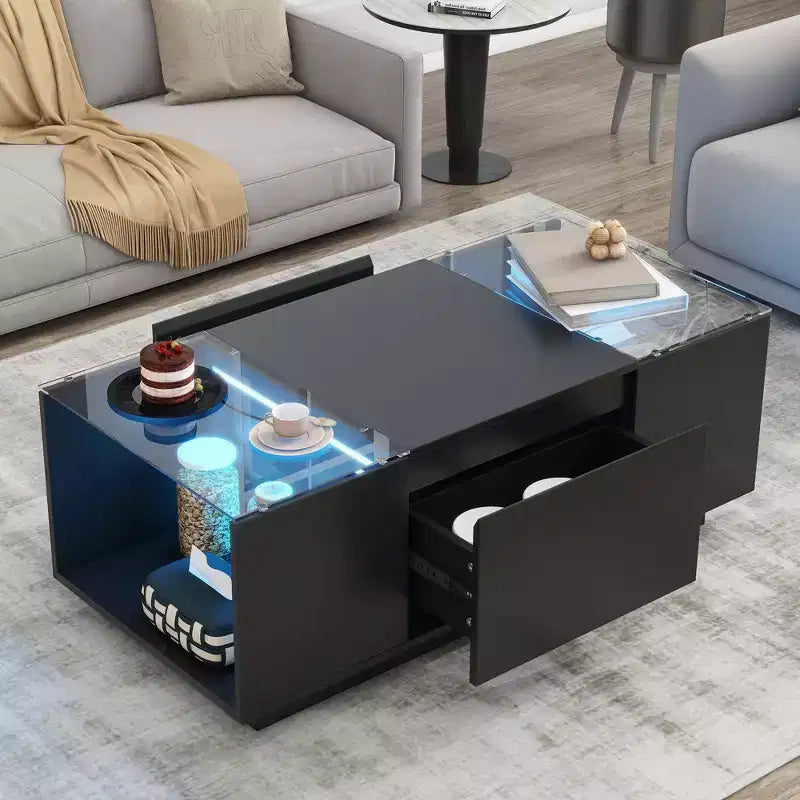 Okak Modern LED Coffee Table, 16-Color Lighting & Storage Space in High Gloss Finish, Rectangle Accent Center Table for Living Room