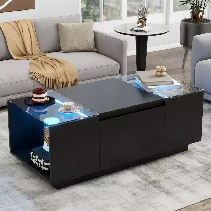 Okak Modern LED Coffee Table, 16-Color Lighting & Storage Space in High Gloss Finish, Rectangle Accent Center Table for Living Room