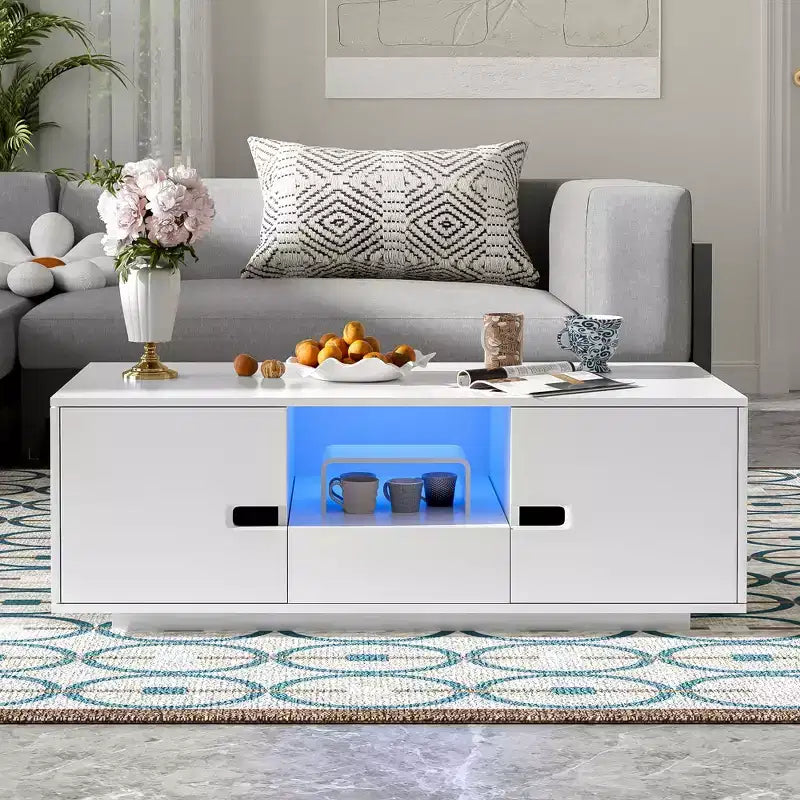 Okak Modern LED Coffee Table, 16-Color Lighting & Storage Space in High Gloss Finish, Rectangle Accent Center Table for Living Room