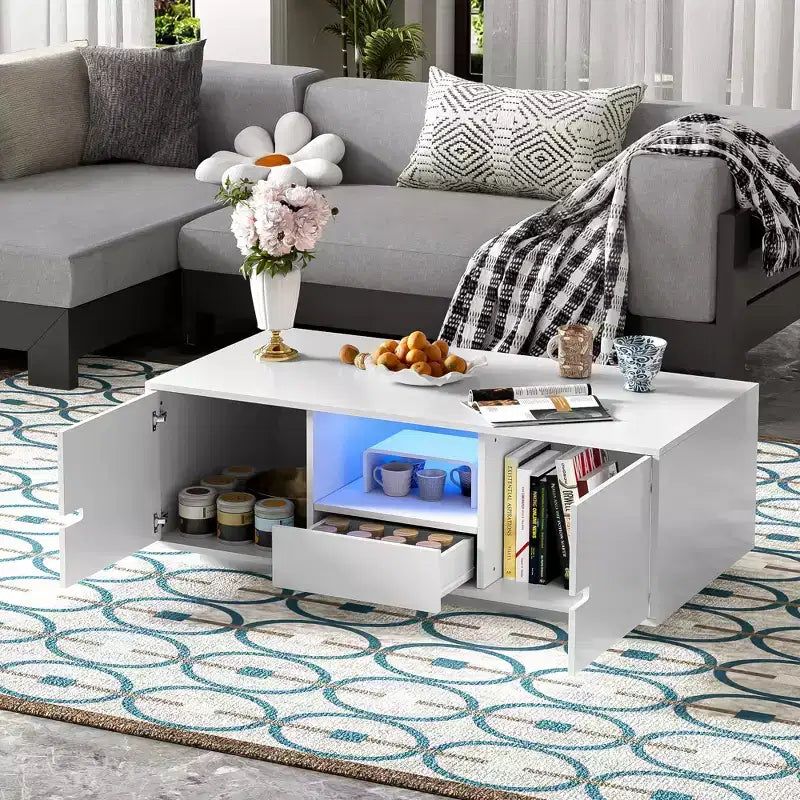 Okak Modern LED Coffee Table, 16-Color Lighting & Storage Space in High Gloss Finish, Rectangle Accent Center Table for Living Room