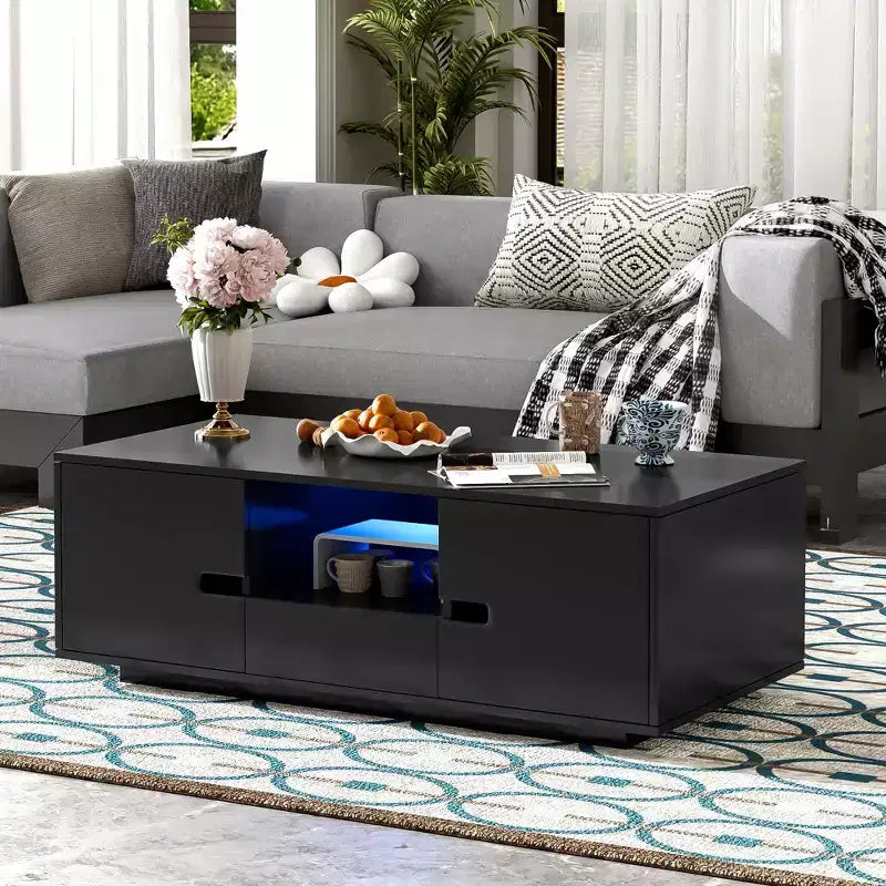 Okak Modern LED Coffee Table, 16-Color Lighting & Storage Space in High Gloss Finish, Rectangle Accent Center Table for Living Room