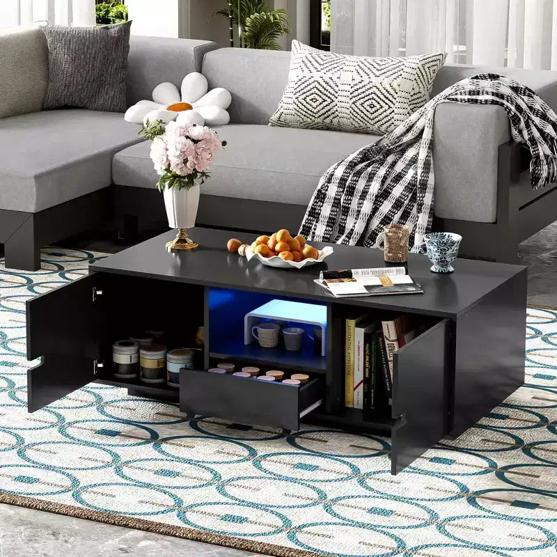 Okak Modern LED Coffee Table, 16-Color Lighting & Storage Space in High Gloss Finish, Rectangle Accent Center Table for Living Room