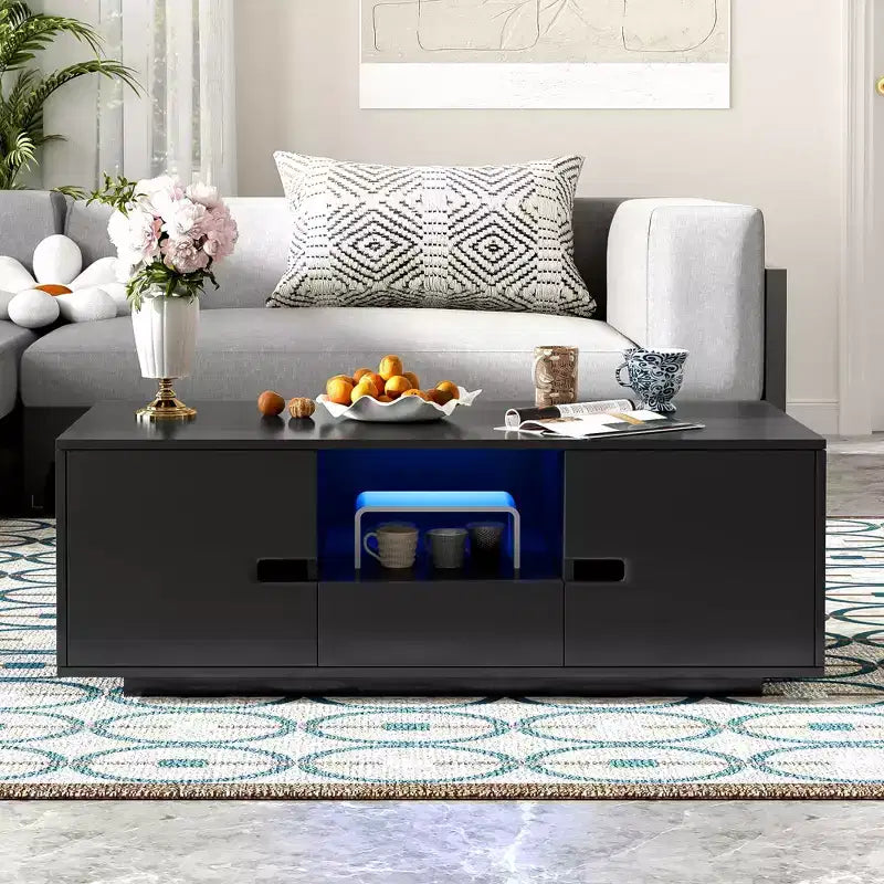 Okak Modern LED Coffee Table, 16-Color Lighting & Storage Space in High Gloss Finish, Rectangle Accent Center Table for Living Room