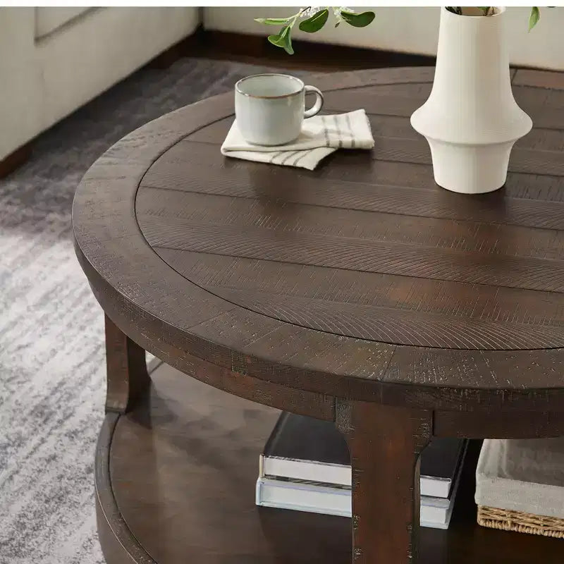 Okak 36L Round Coffee Table for Living Room, Wood Veneer Tabletop, Sofa Side Table with Cylindrical Leg for Small Space Home Office