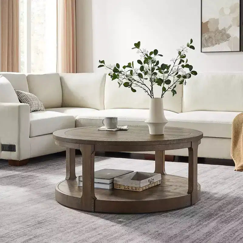 Okak 36L Round Coffee Table for Living Room, Wood Veneer Tabletop, Sofa Side Table with Cylindrical Leg for Small Space Home Office