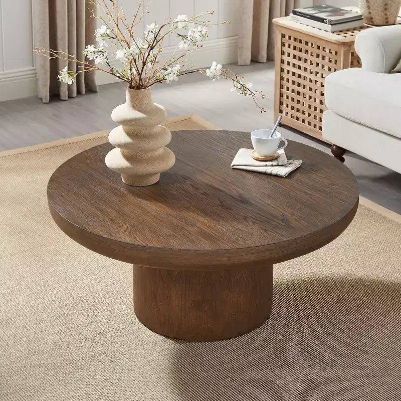 Okak 36L Round Coffee Table for Living Room, Wood Veneer Tabletop, Sofa Side Table with Cylindrical Leg for Small Space Home Office
