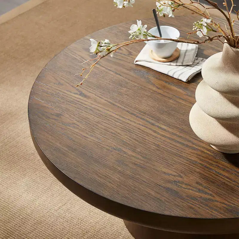 Okak 36L Round Coffee Table for Living Room, Wood Veneer Tabletop, Sofa Side Table with Cylindrical Leg for Small Space Home Office