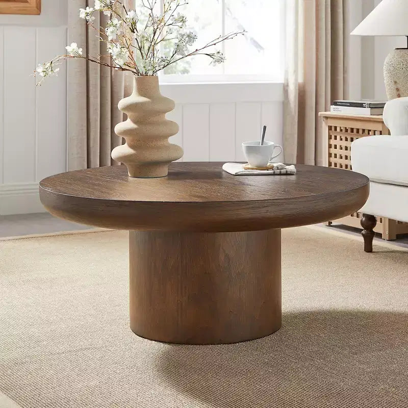 Okak 36L Round Coffee Table for Living Room, Wood Veneer Tabletop, Sofa Side Table with Cylindrical Leg for Small Space Home Office