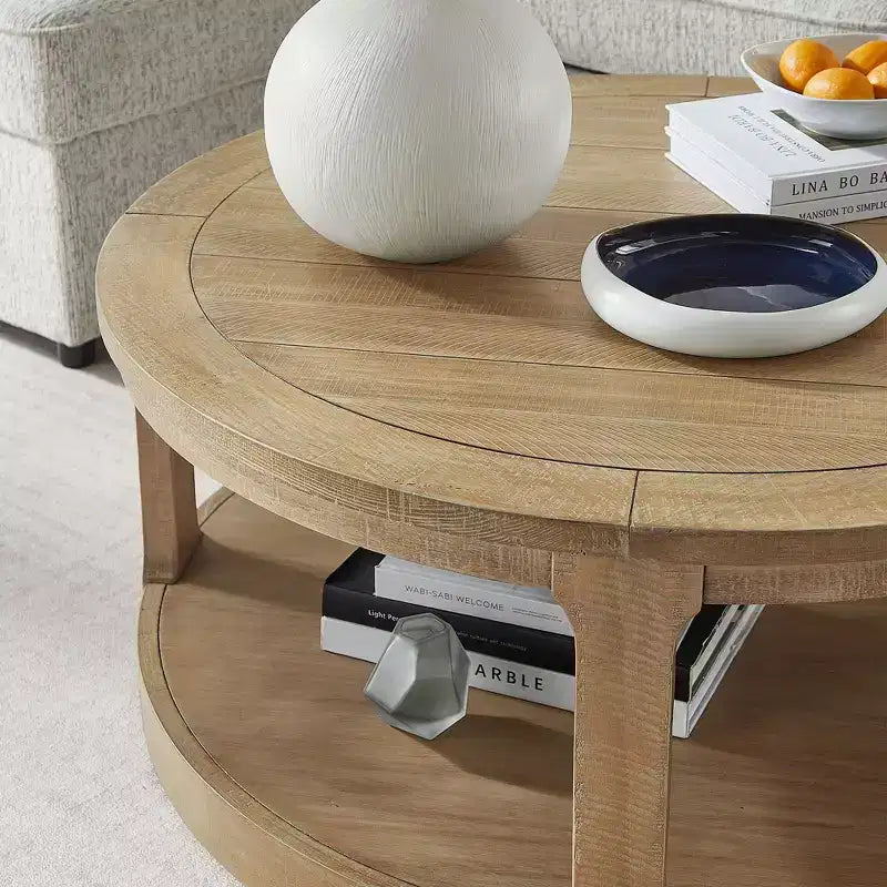 Okak 36L Round Coffee Table for Living Room, Wood Veneer Tabletop, Sofa Side Table with Cylindrical Leg for Small Space Home Office