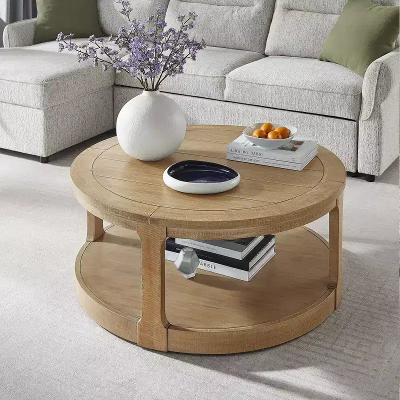 Okak 36L Round Coffee Table for Living Room, Wood Veneer Tabletop, Sofa Side Table with Cylindrical Leg for Small Space Home Office