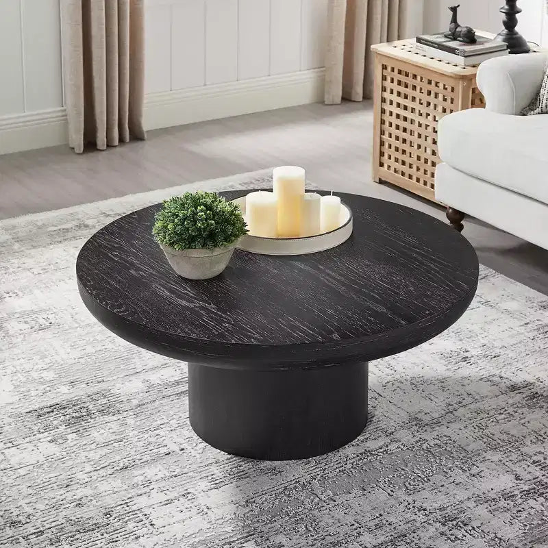 Okak 36L Round Coffee Table for Living Room, Wood Veneer Tabletop, Sofa Side Table with Cylindrical Leg for Small Space Home Office