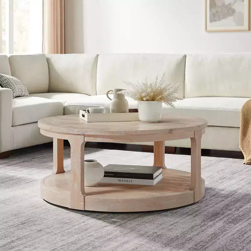 Okak 36L Round Coffee Table for Living Room, Wood Veneer Tabletop, Sofa Side Table with Cylindrical Leg for Small Space Home Office