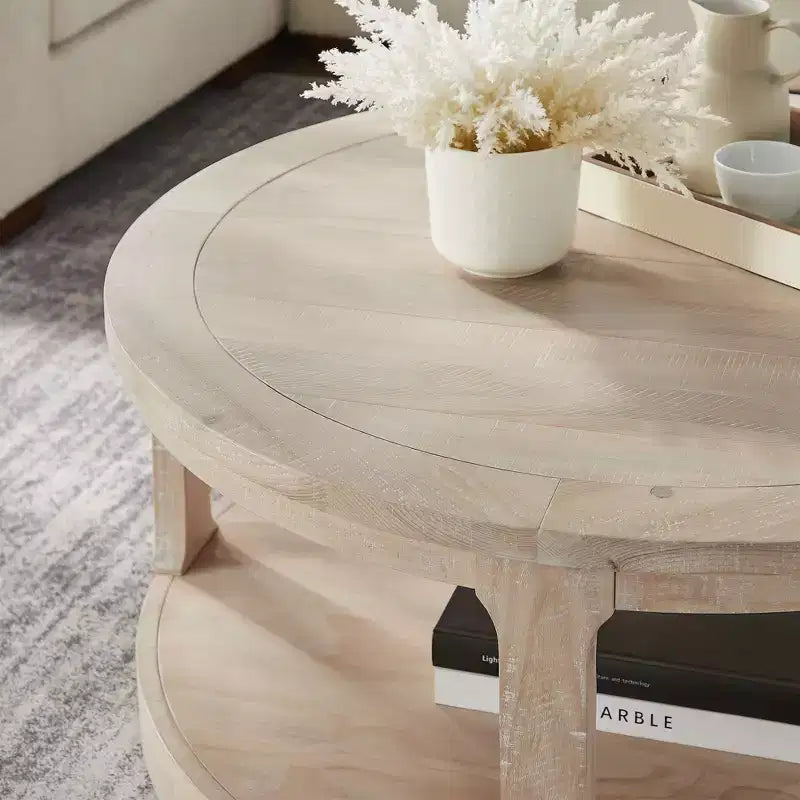 Okak 36L Round Coffee Table for Living Room, Wood Veneer Tabletop, Sofa Side Table with Cylindrical Leg for Small Space Home Office