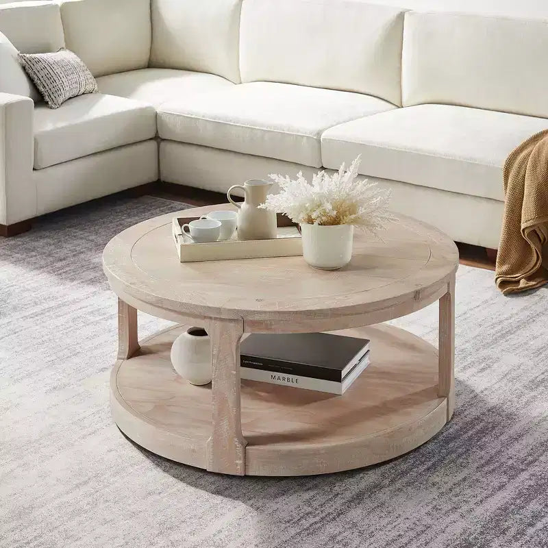 Okak 36L Round Coffee Table for Living Room, Wood Veneer Tabletop, Sofa Side Table with Cylindrical Leg for Small Space Home Office