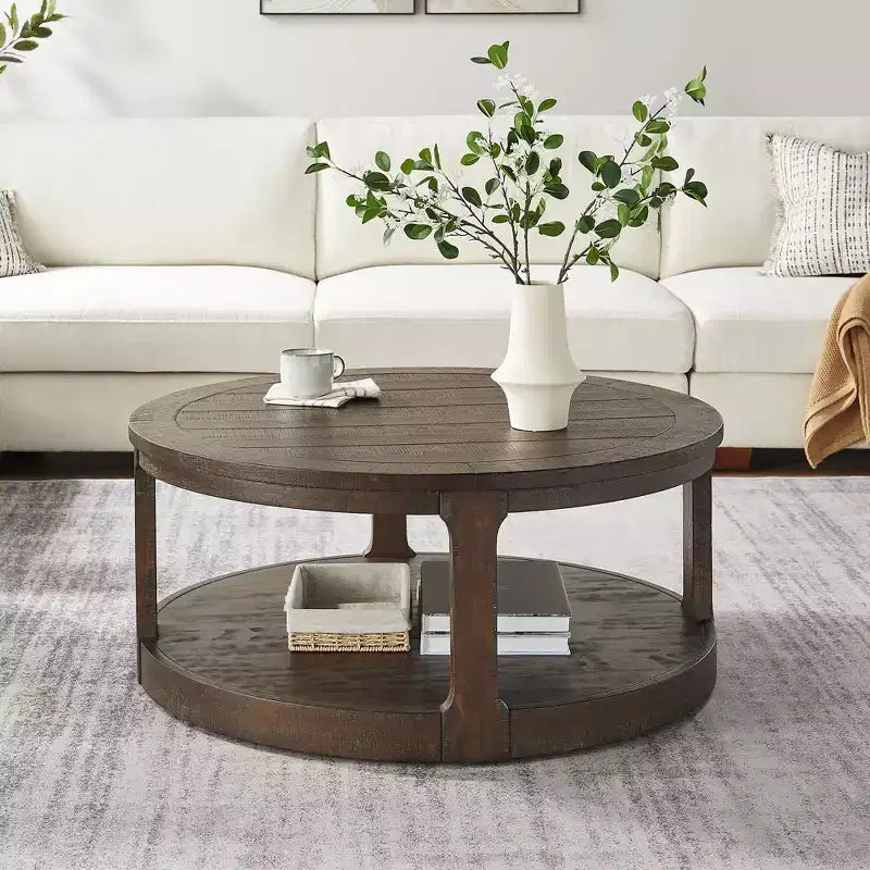 Okak 36L Round Coffee Table for Living Room, Wood Veneer Tabletop, Sofa Side Table with Cylindrical Leg for Small Space Home Office