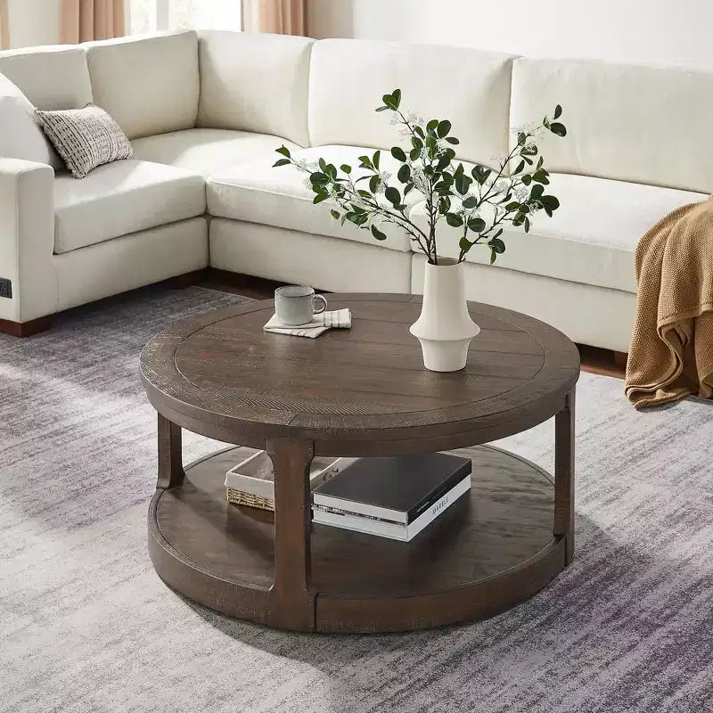 Okak 36L Round Coffee Table for Living Room, Wood Veneer Tabletop, Sofa Side Table with Cylindrical Leg for Small Space Home Office