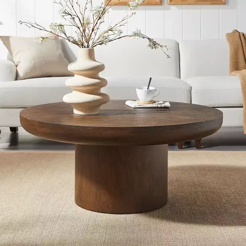 Okak 36L Round Coffee Table for Living Room, Wood Veneer Tabletop, Sofa Side Table with Cylindrical Leg for Small Space Home Office