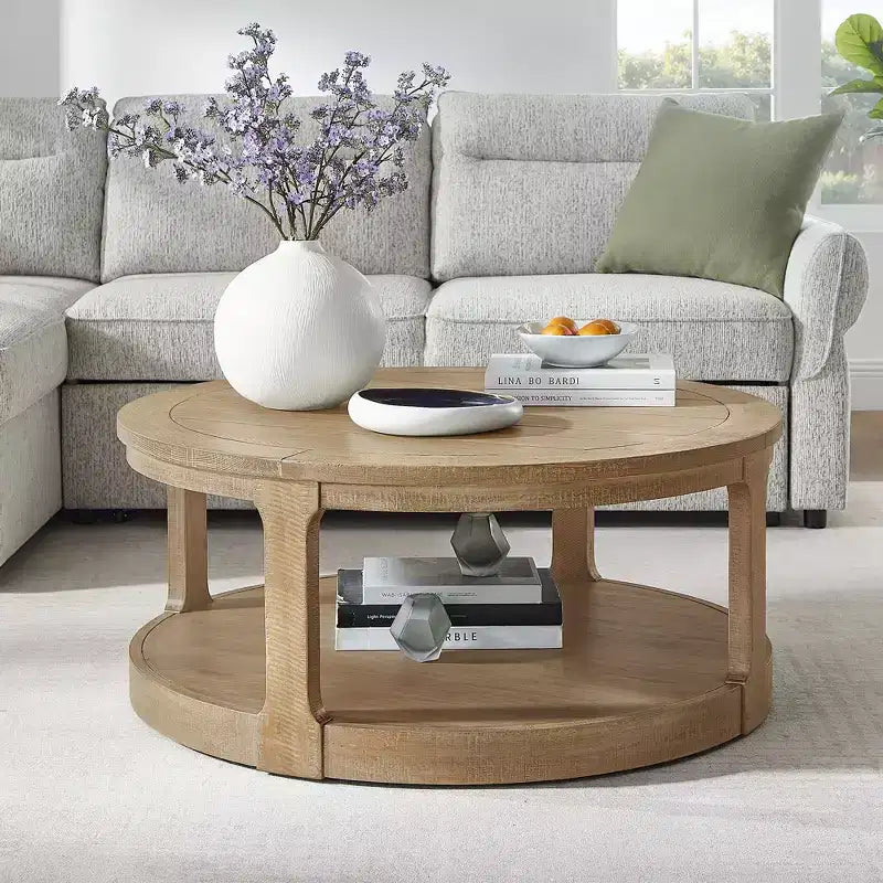 Okak 36L Round Coffee Table for Living Room, Wood Veneer Tabletop, Sofa Side Table with Cylindrical Leg for Small Space Home Office