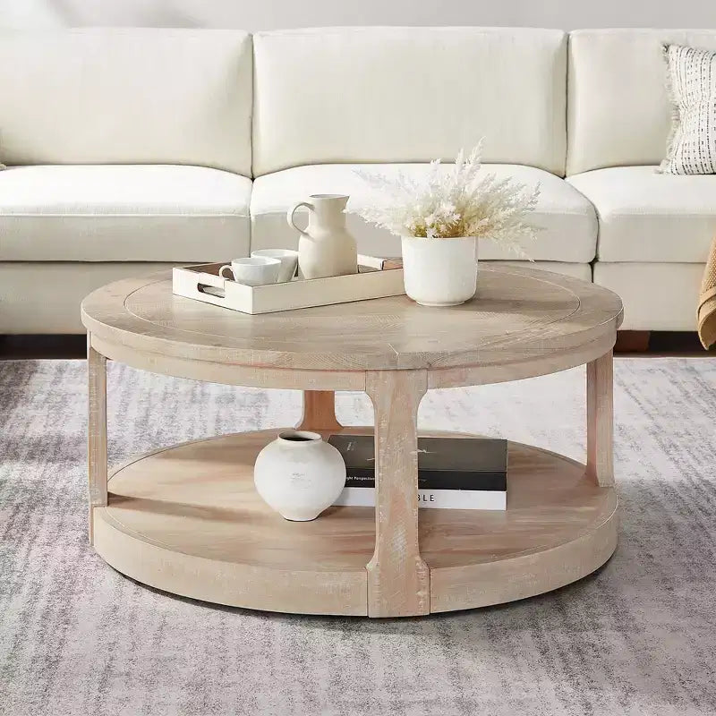 Okak 36L Round Coffee Table for Living Room, Wood Veneer Tabletop, Sofa Side Table with Cylindrical Leg for Small Space Home Office