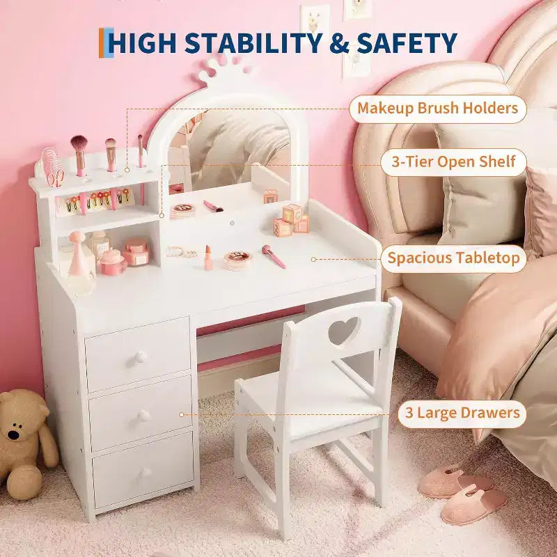 Vanity Desk with Mirror and Lights for Little Girls, Makeup Vanity Set with Drawers & Open Storage Shelves, Wooden Princess Dressing Table for Bedroom